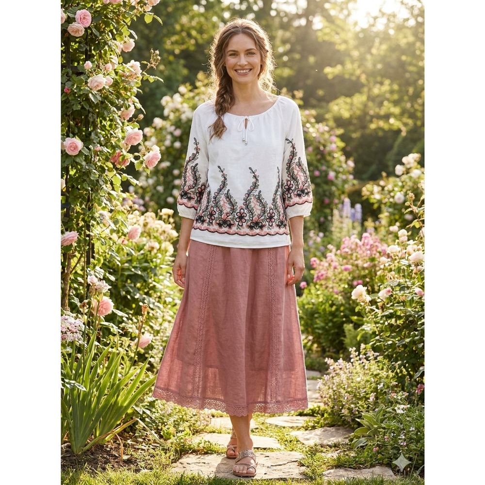 5340)Ana & Rose L Peasant Romantic Embrodry Blouse 3/4 Balloon Sleeves Tie Front